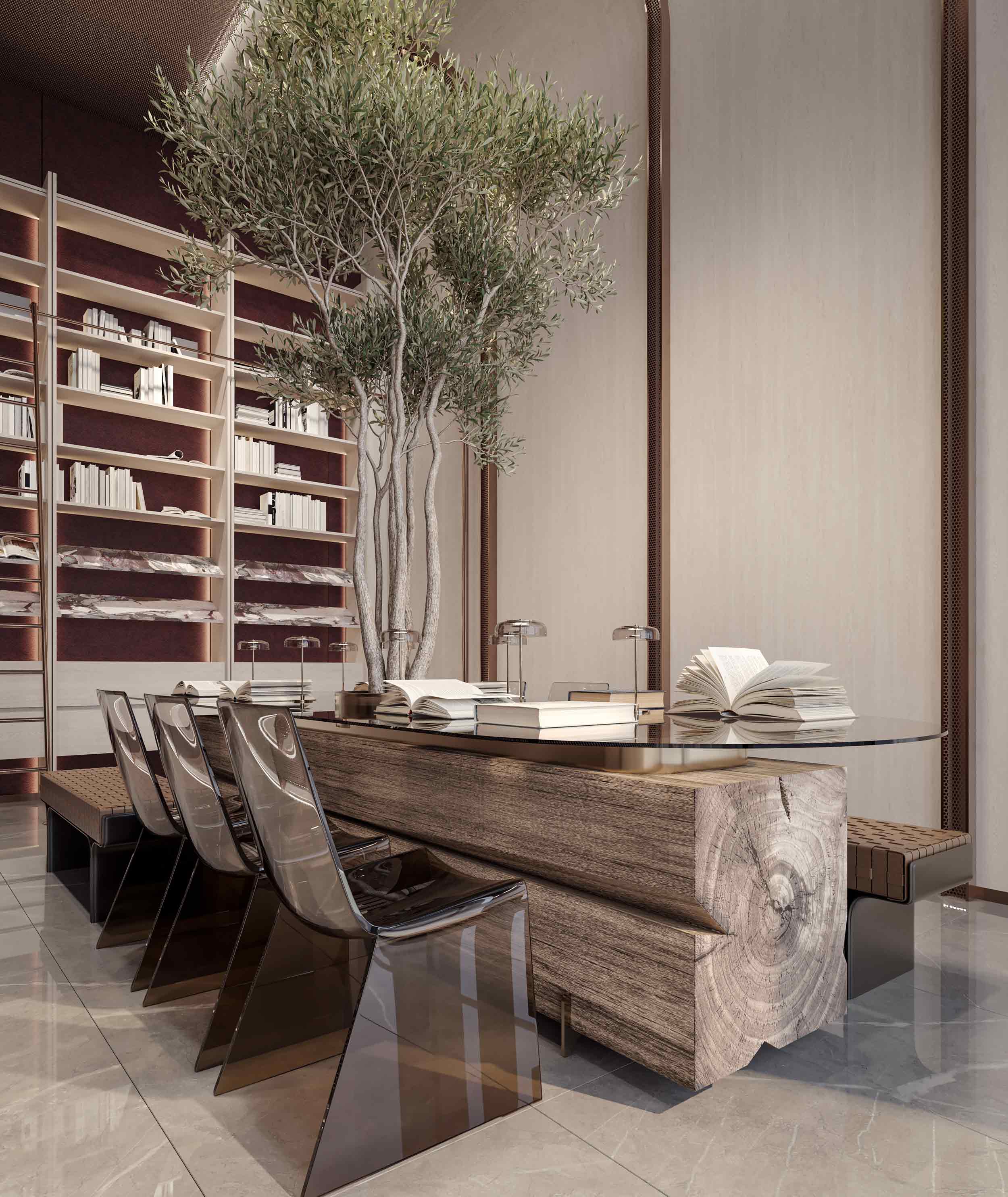 The Symphony By Imtiaz Modern interior featuring a wooden table, transparent chairs, and a small tree, with bookshelves in the background.